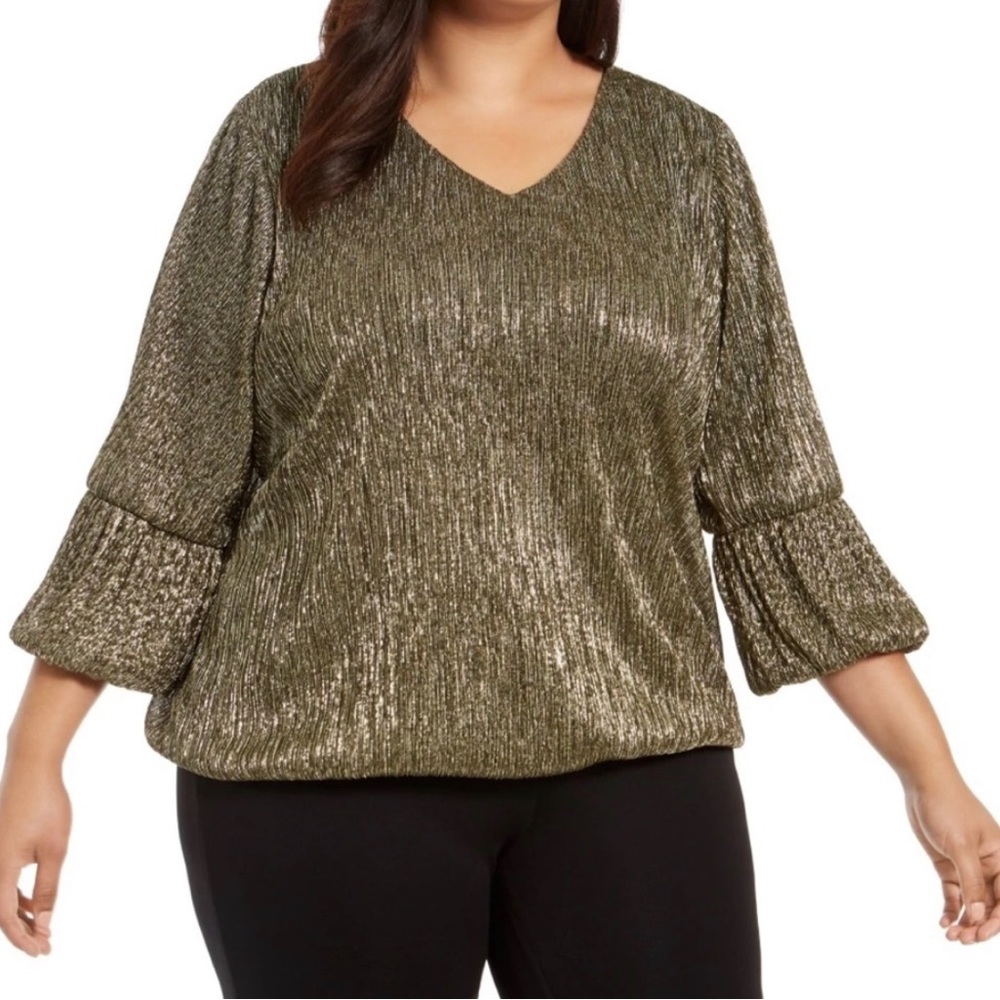 ALFANI Metallic Gold V-Neck 3/4 Sleeve Balloon-Cuff Blouse